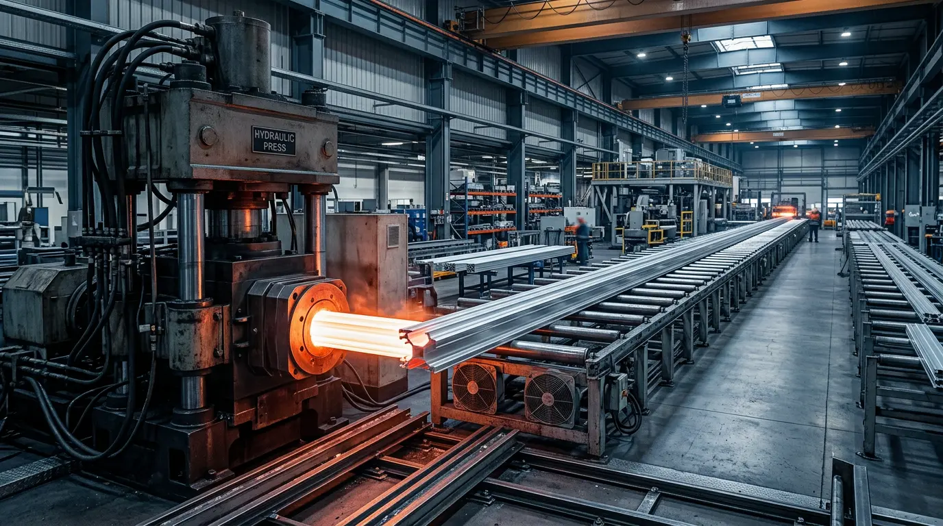Hot aluminum profile emerging from an extrusion press onto a long runout table